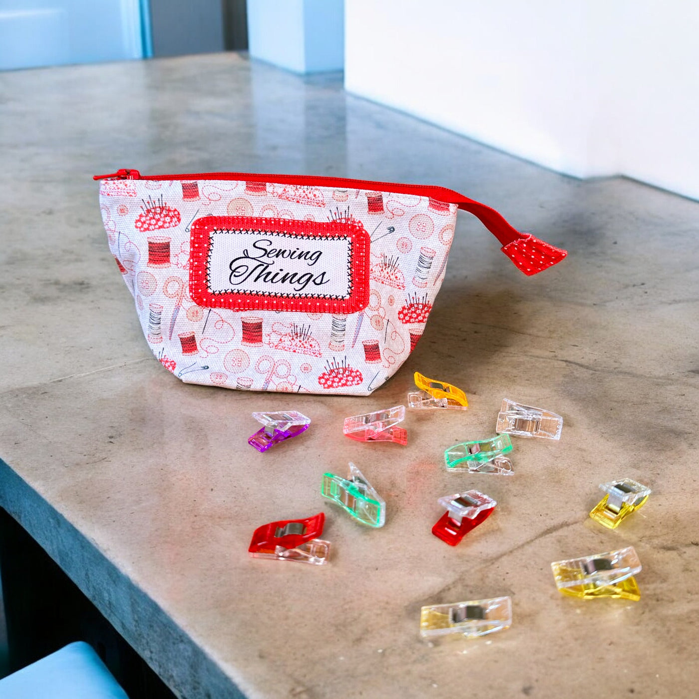 Fabric Clips Pouch - Redwork Sewing Kit
