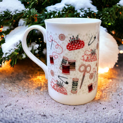 Set of 4 Bone China Sewing Mugs - Redwork