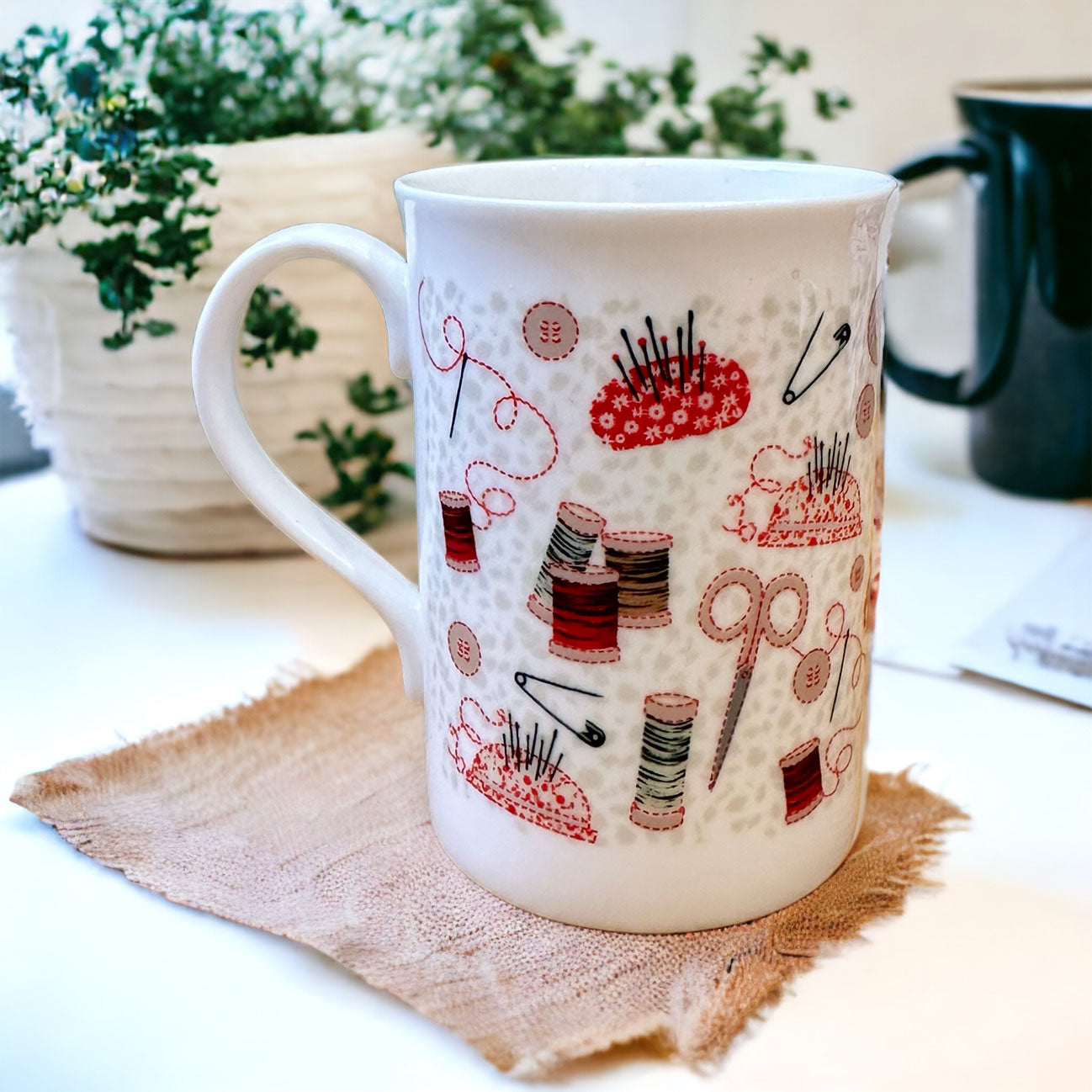 Bone China Sewing Mug - Redwork