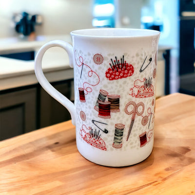 Bone China Sewing Mug - Redwork