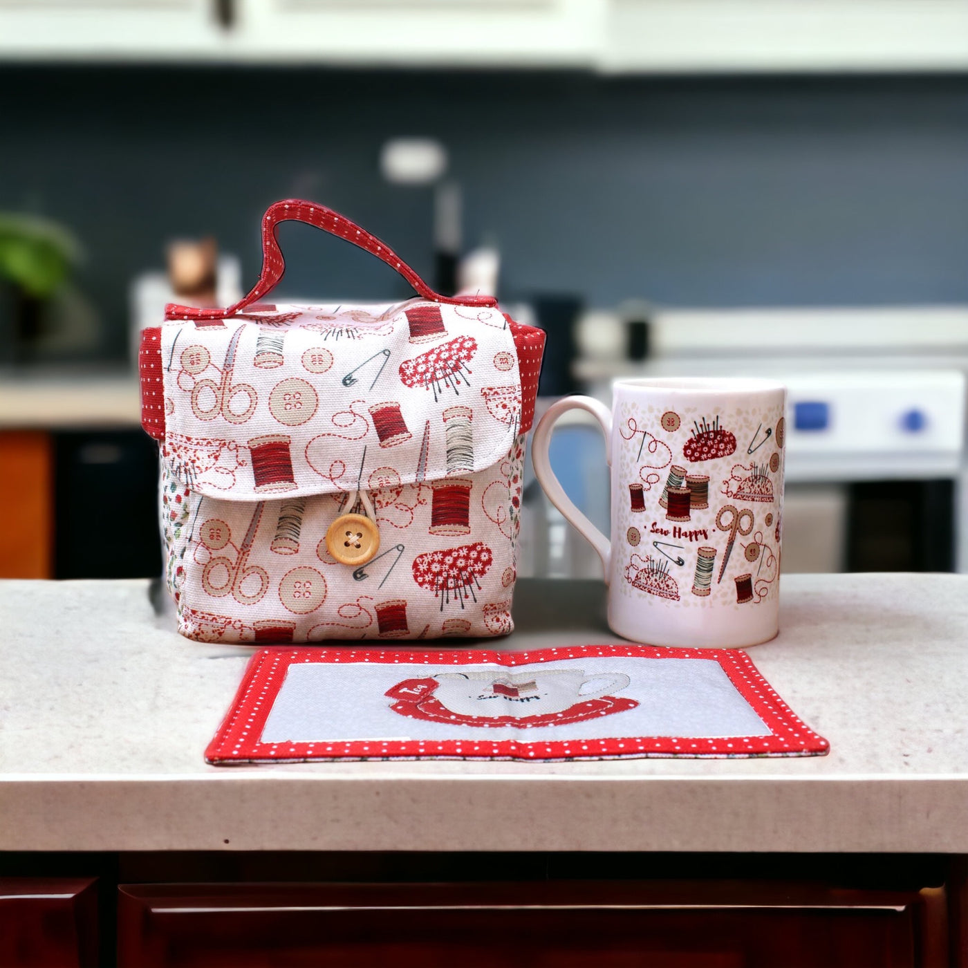 Redwork Mug Bag sewing Kit and sewing Mug