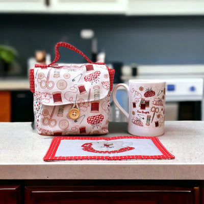 Redwork Mug Bag sewing Kit and sewing Mug