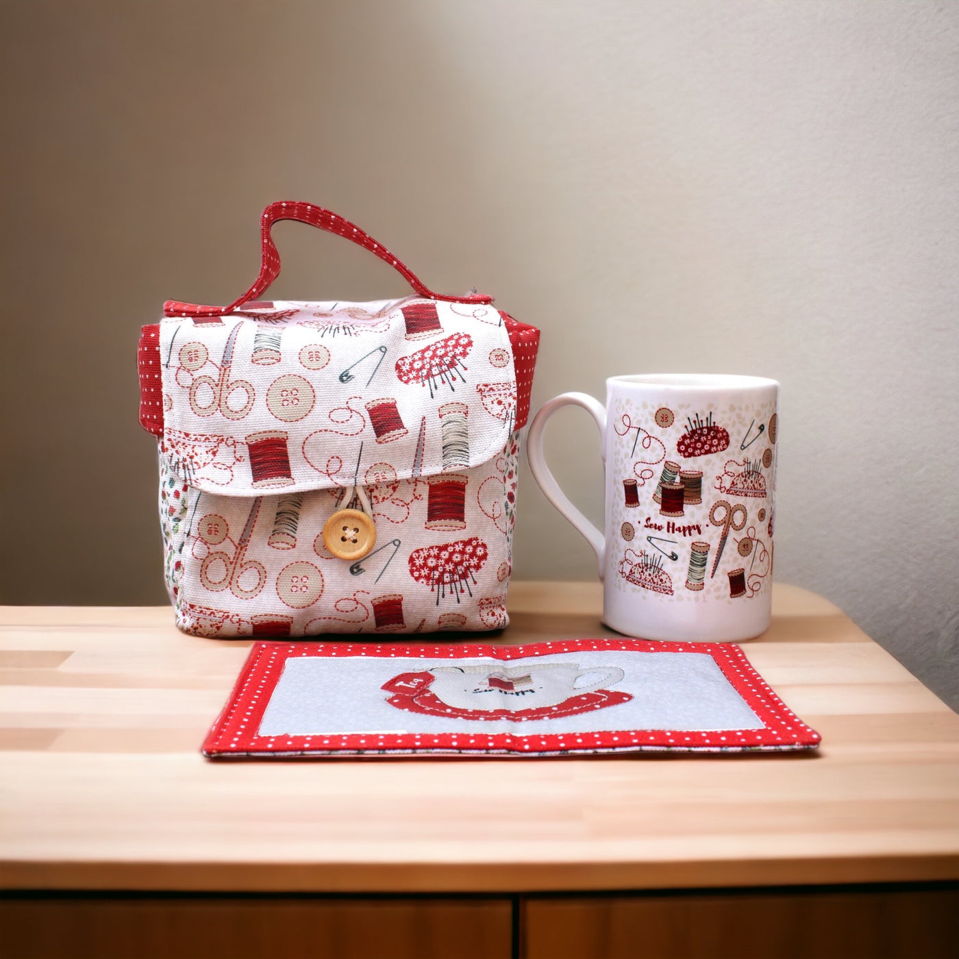 Redwork Mug Carry Case Mug Rug with Sewing Mug