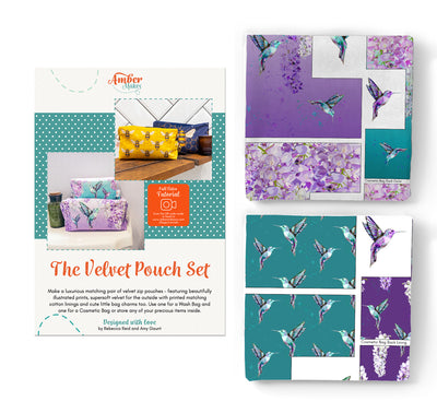 The Velvet Pouch Set  Hummingbirds Sewing Pattern. Instructions, Cut and Sew Fabric Panel, Lining Fabric Panel