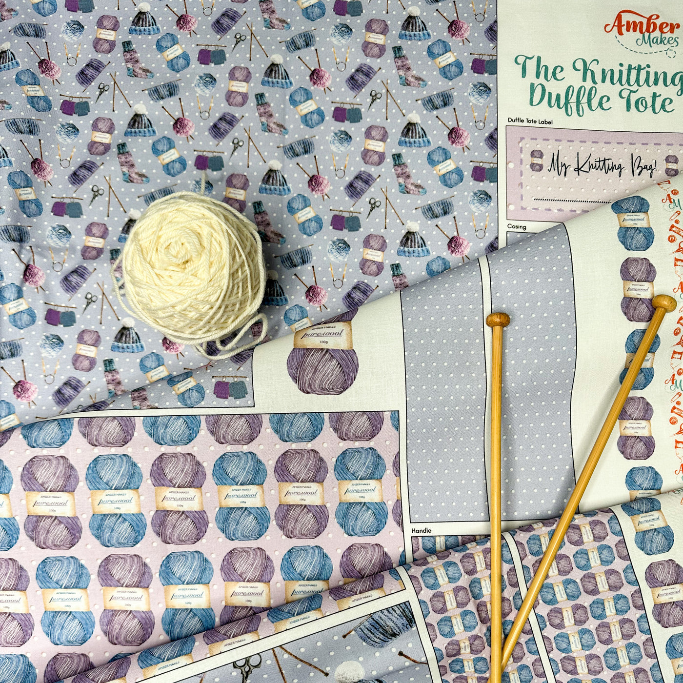 The Knitting Duffle Tote Sewing Kit - Cut and sew fabric Panel and Instructions kit Amber Makes